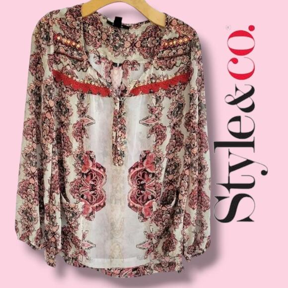Style & Co Women’s Boho Floral Semi-Sheer Blouse with Front Pockets - Size Small - Picture 7 of 8